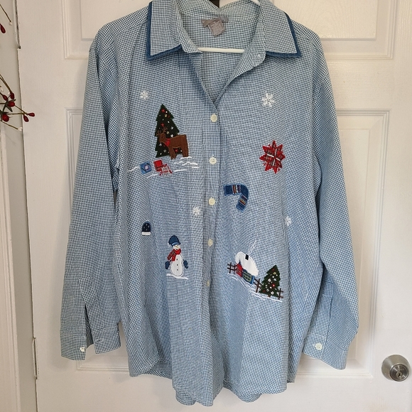 Capacity Woman's Long Sleeve Winter motif Blouse, Size: 1X Color: Blue - Picture 2 of 13